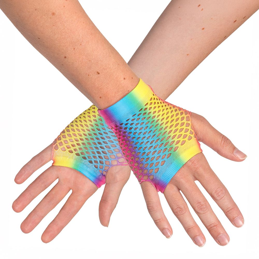 80-tals UV Fingerlösa Näthandskar Korta Regnbåge Neon