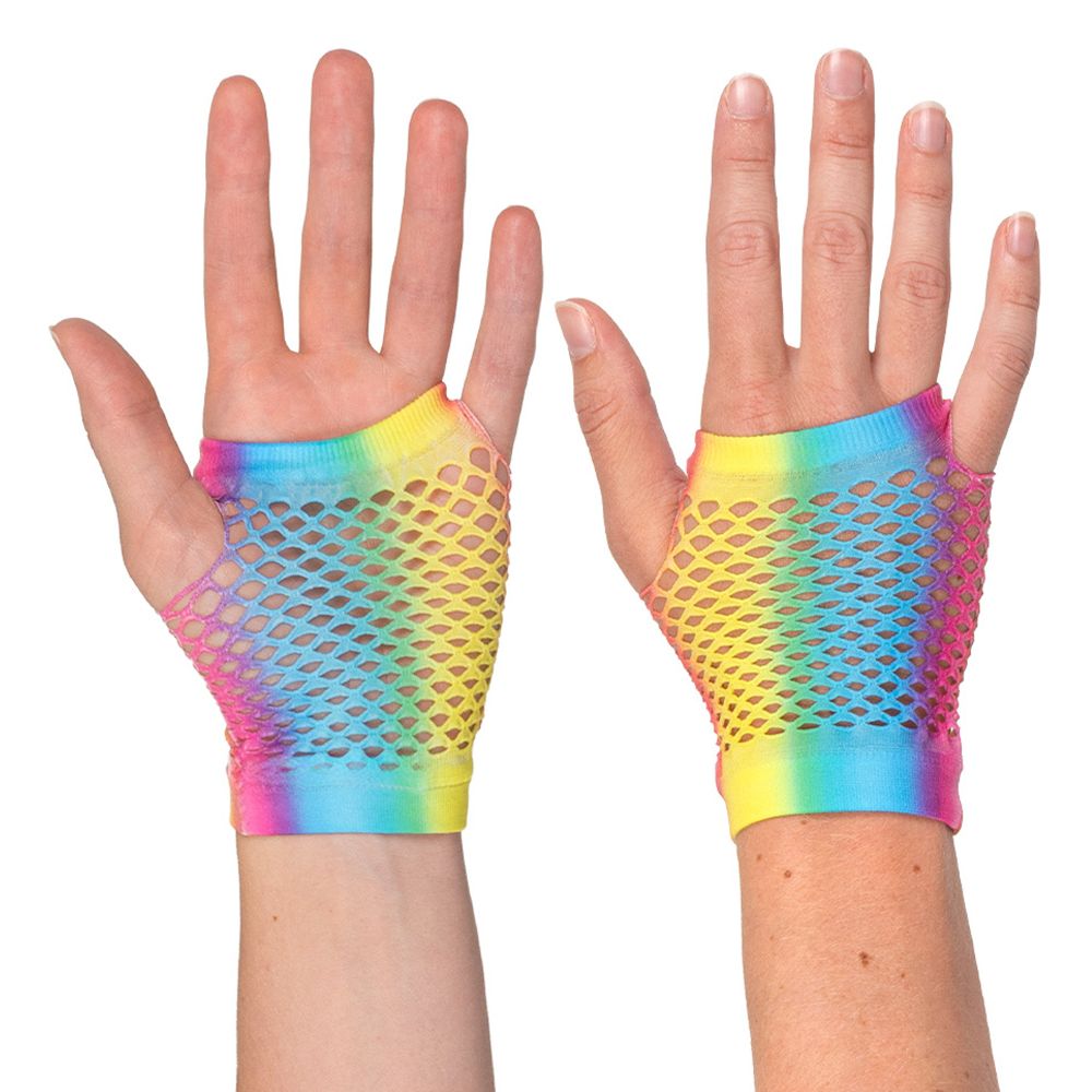 80-tals UV Fingerlösa Näthandskar Korta Regnbåge Neon