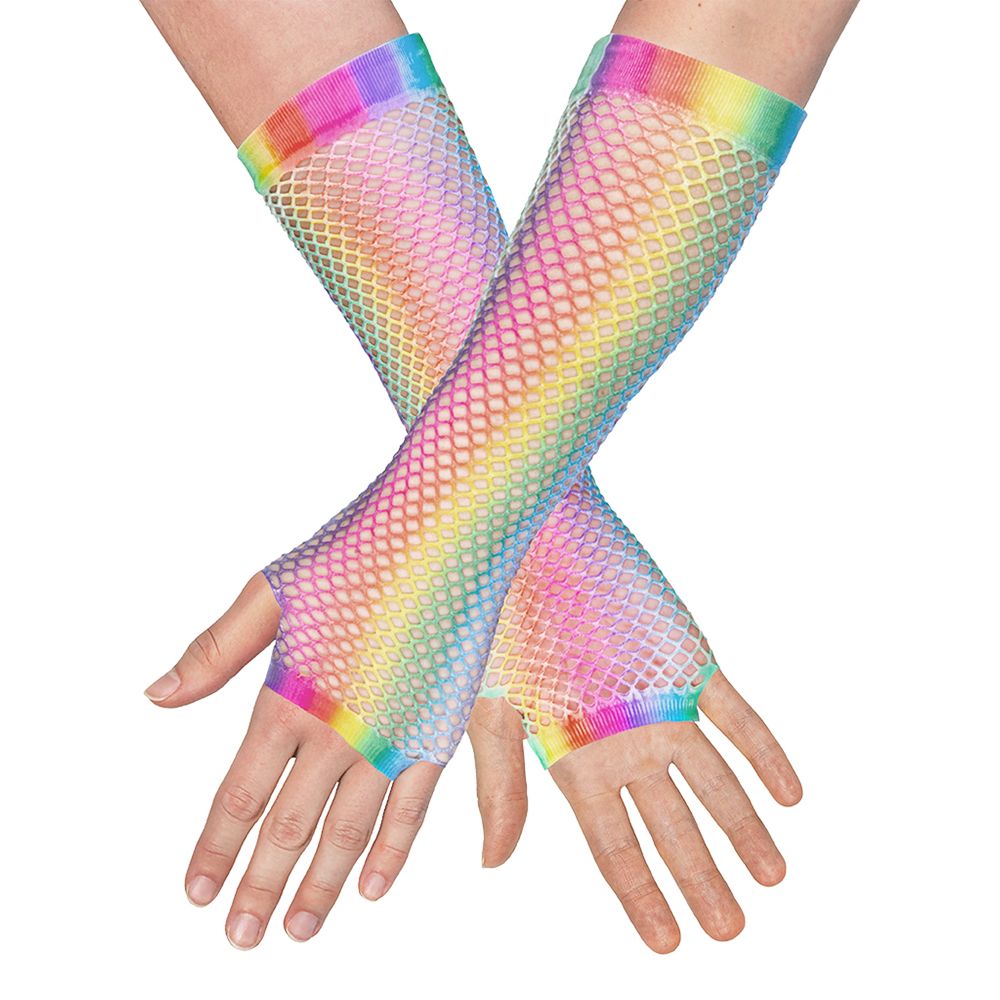 80-tals UV Fingerlösa Näthandskar Långa Regnbåge Neon