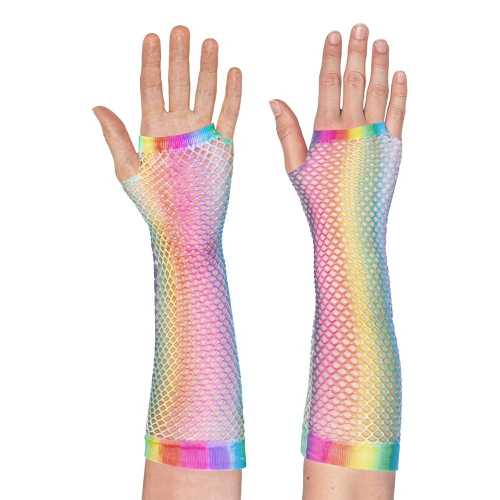 80-tals UV Fingerlösa Näthandskar Långa Regnbåge Neon