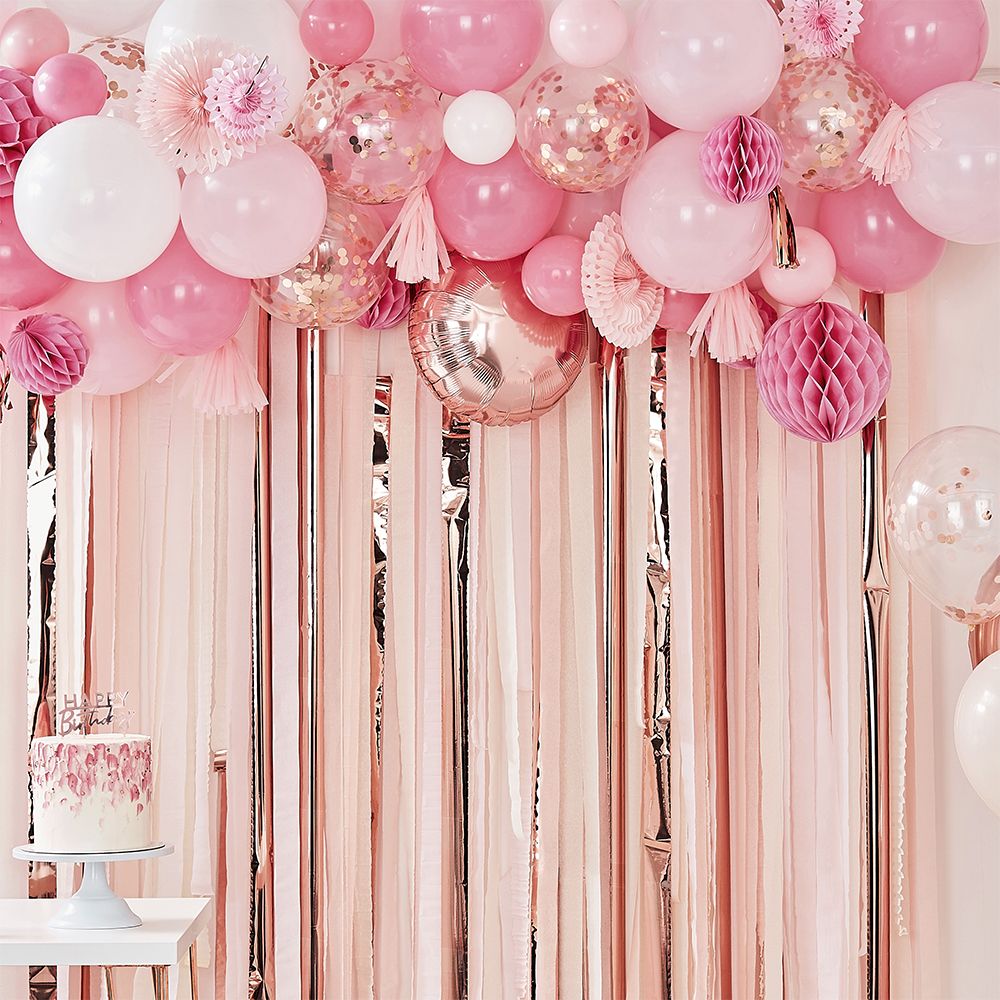 Backdrop Ballonger & Papirfjær Hvit/Rosa/Roségull