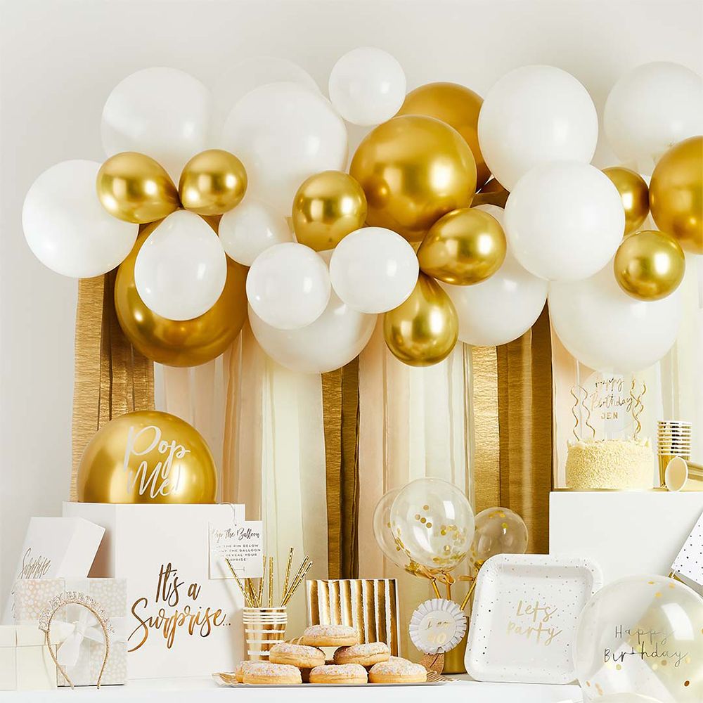 Ballonbue med Streamers Hvid/Guld Metallic