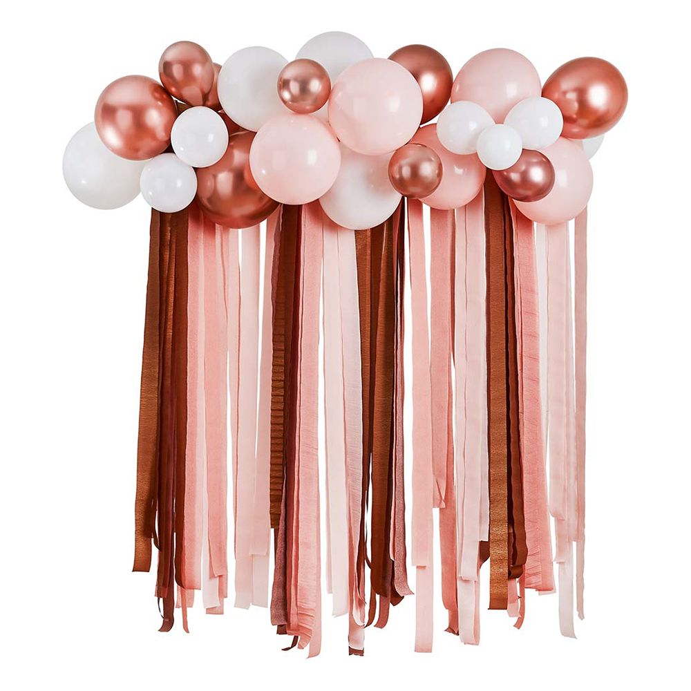 Ballonbue med Streamers Hvid/Roséguld Metallic