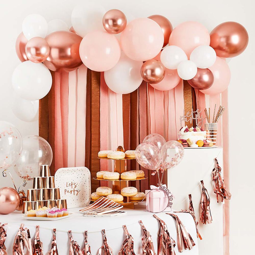 Ballonbue med Streamers Hvid/Roséguld Metallic