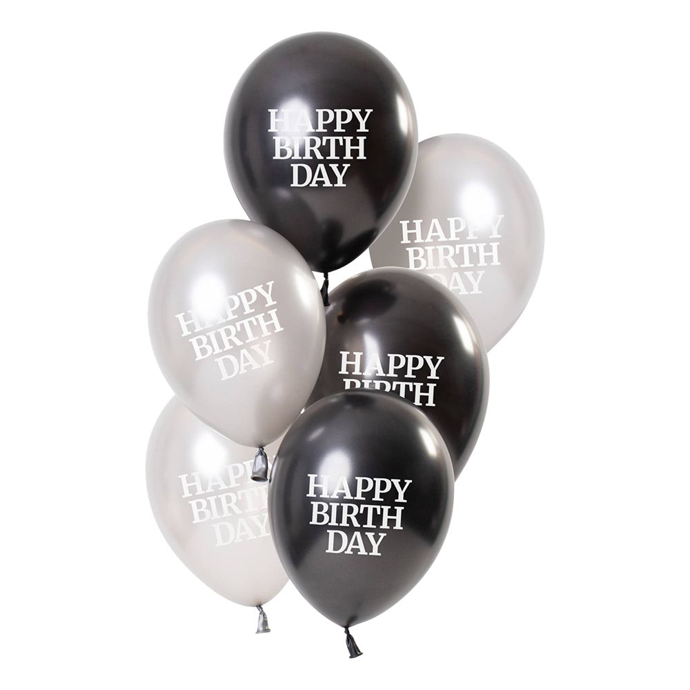 Balloner Hvide/Sorte Happy Birthday