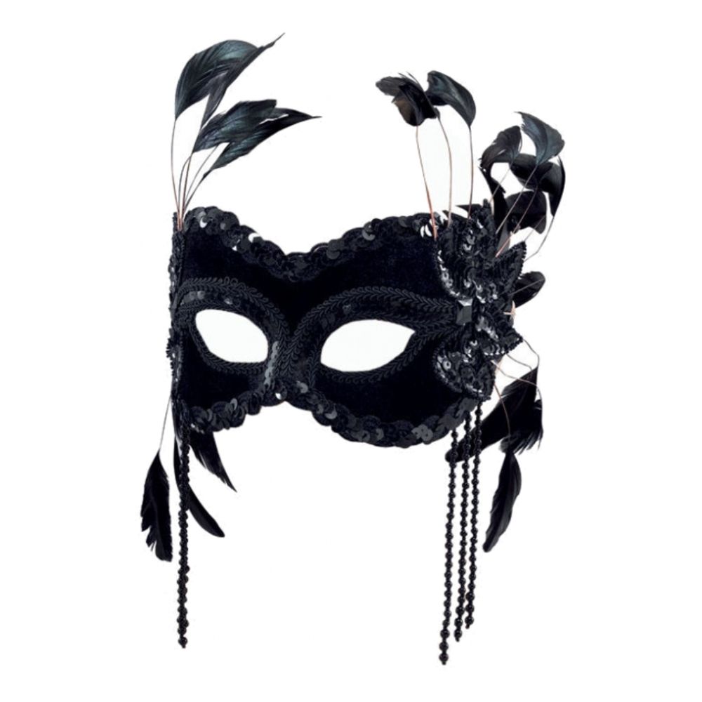 Sammetsmask Svart med Fjädrar