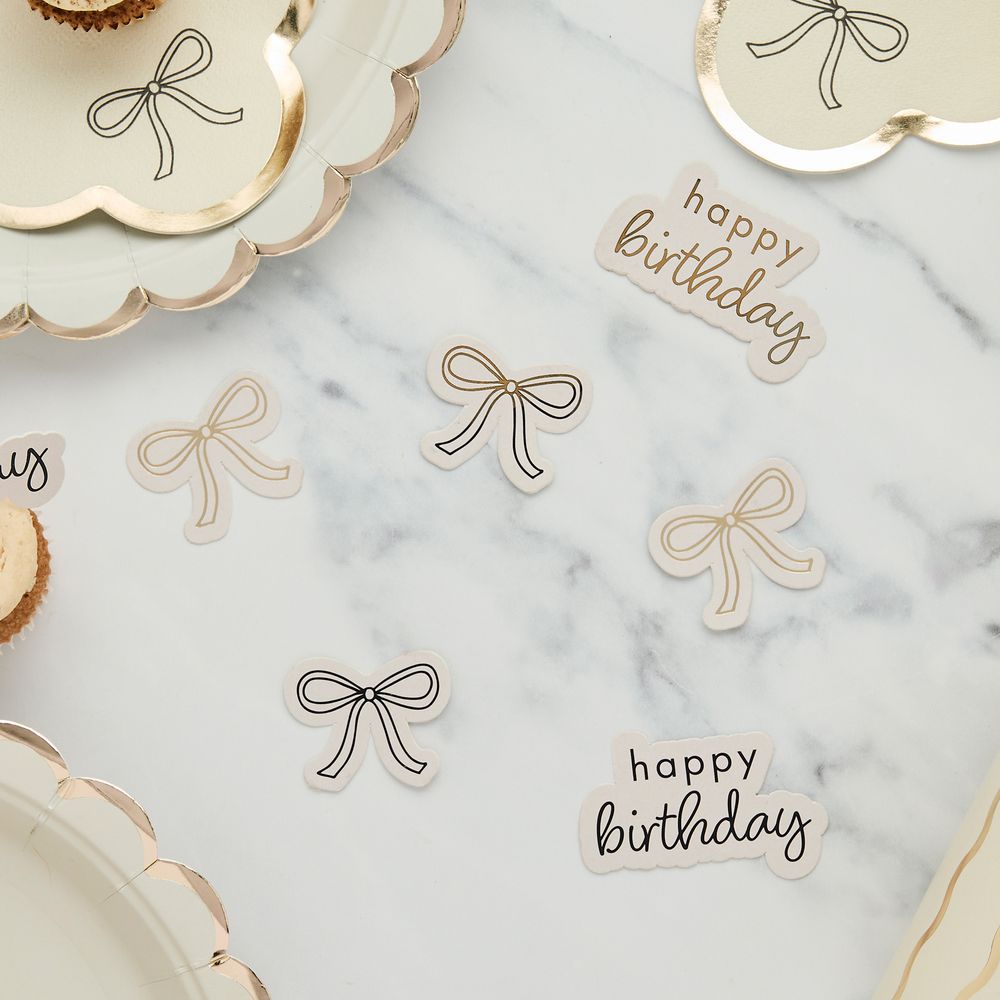 Happy Birthday -kerroskonfetti Kermanvalkoinen Rusetti
