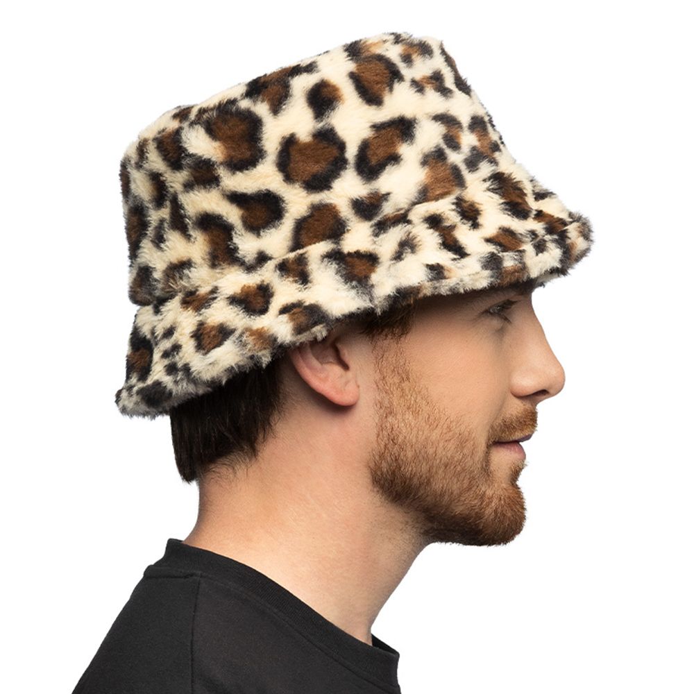 Bucket Hat i kunstpels Leopard