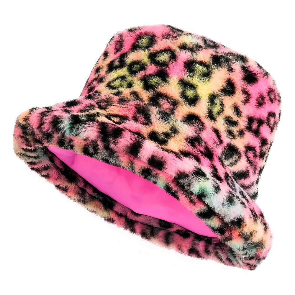 Bucket Hat i kunstpels leopard lyserød