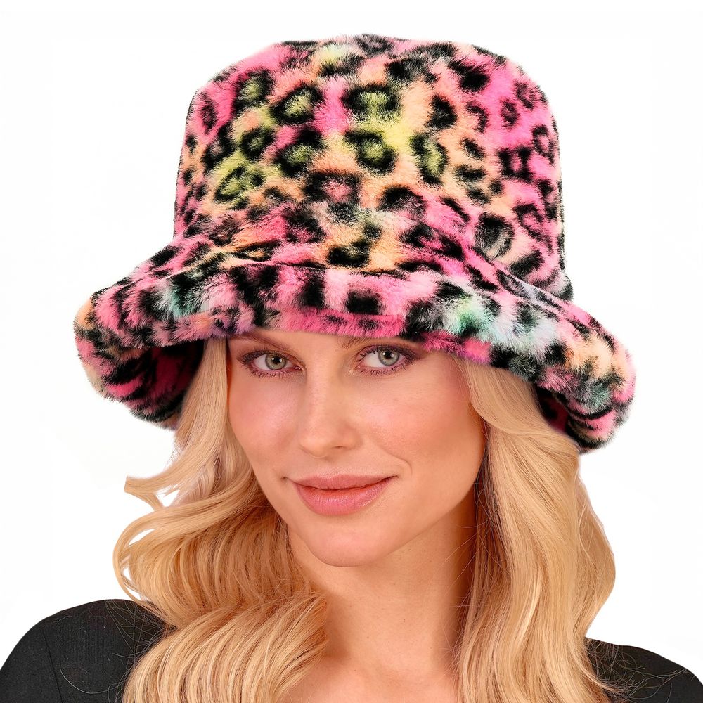 Bucket Hat i kunstpels leopard lyserød