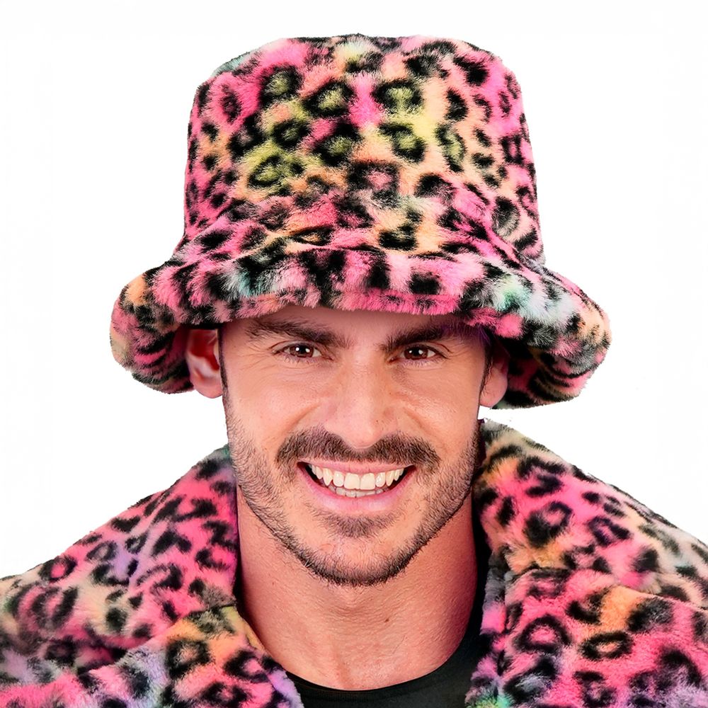 Bucket Hat i kunstpels leopard lyserød
