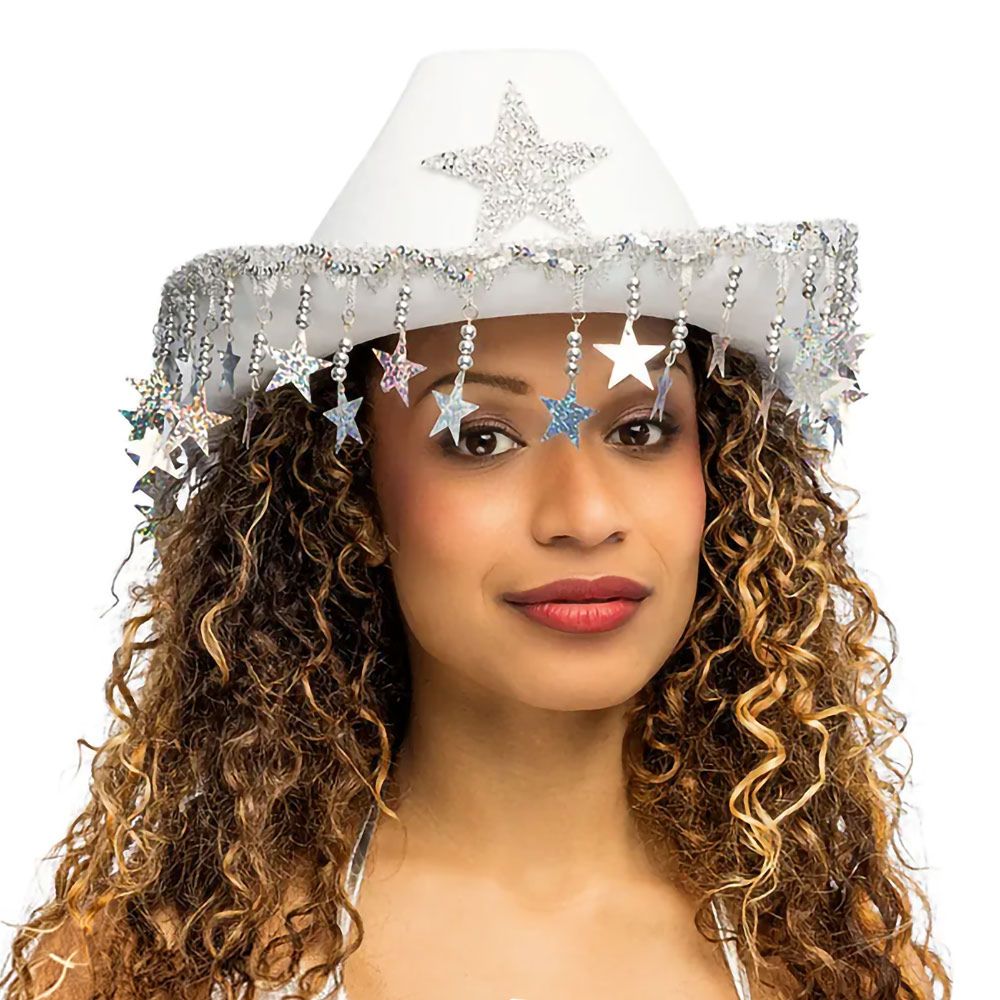 Cowboyhatt med Glitterstjerner Hvit