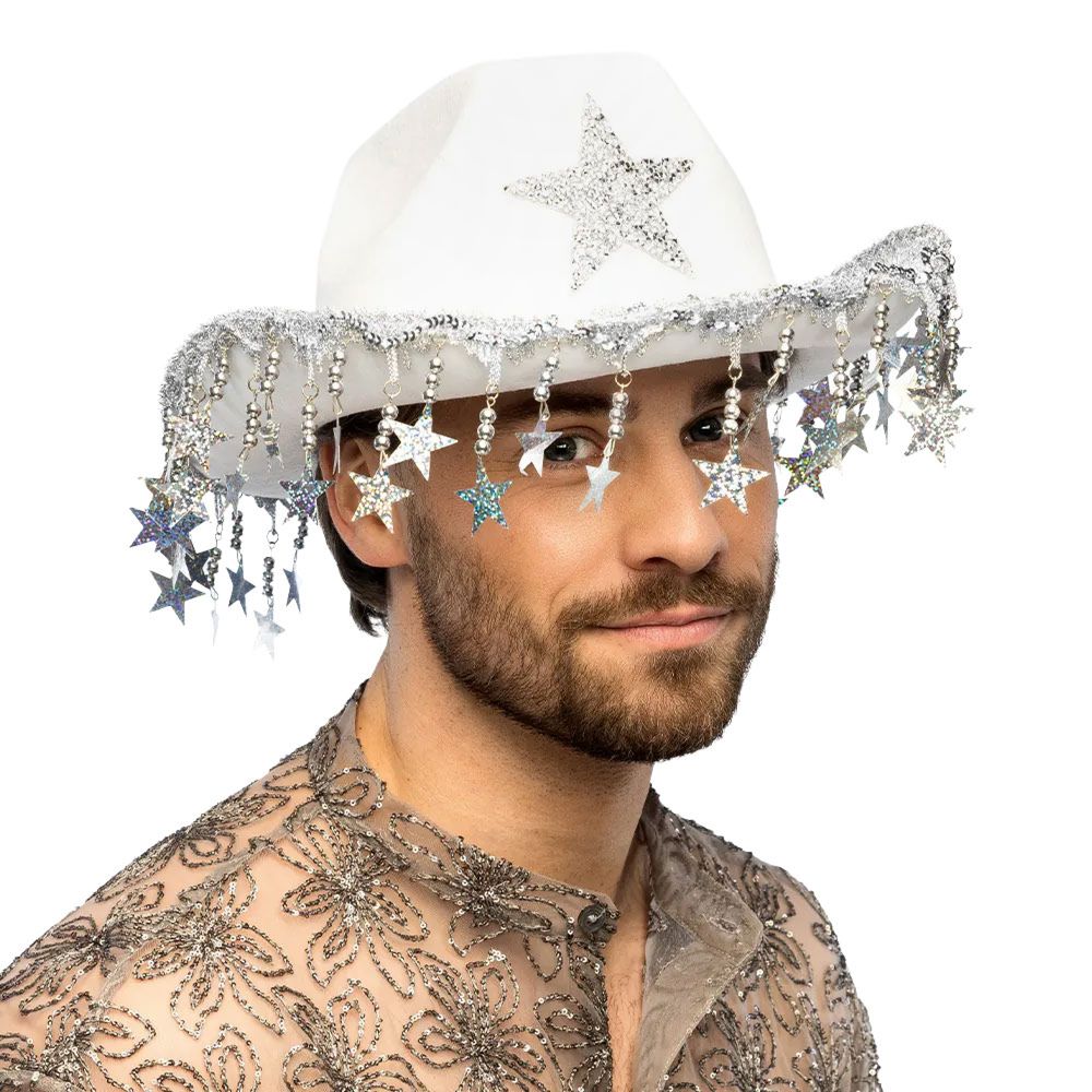 Cowboyhatt med Glitterstjerner Hvit
