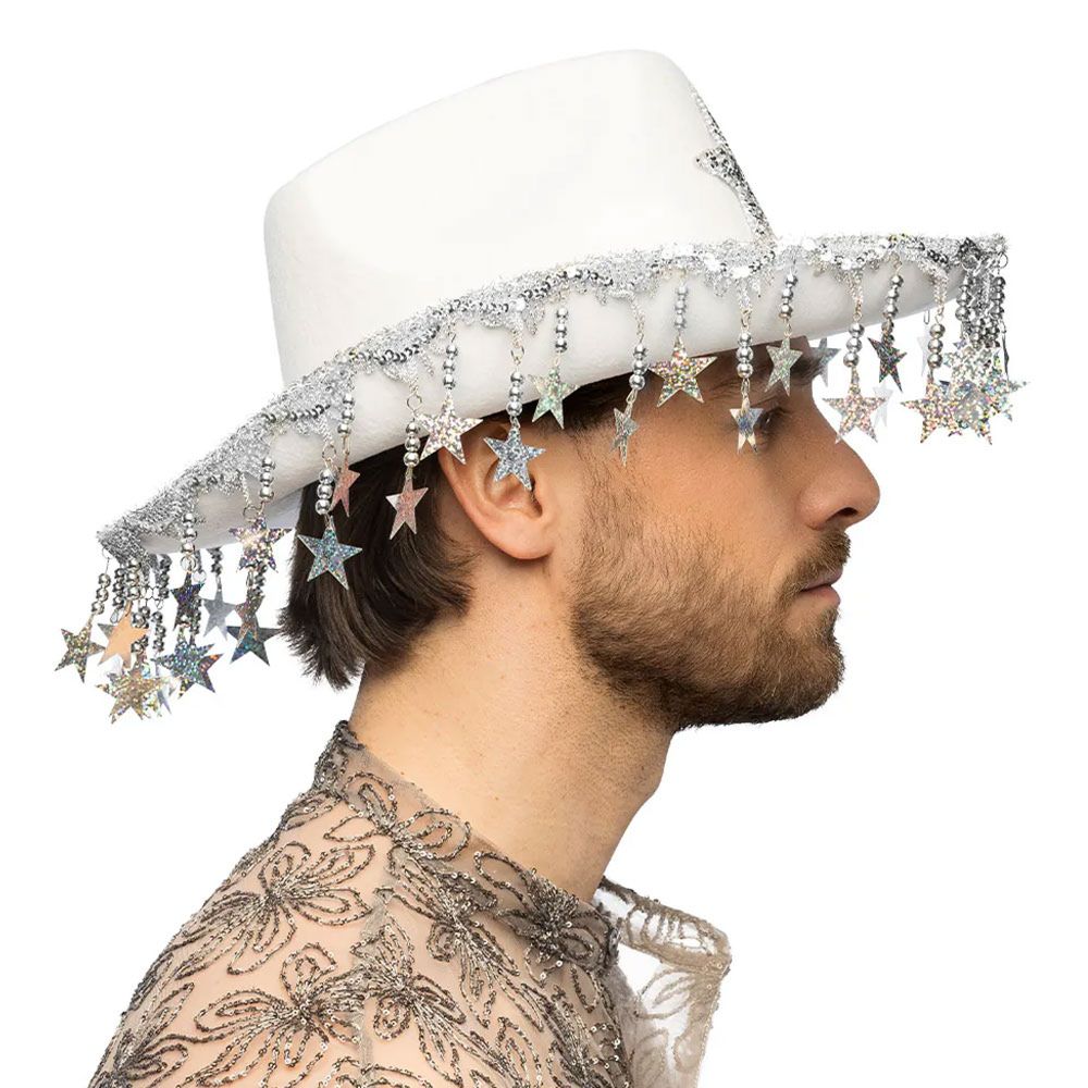 Cowboyhatt med Glitterstjerner Hvit