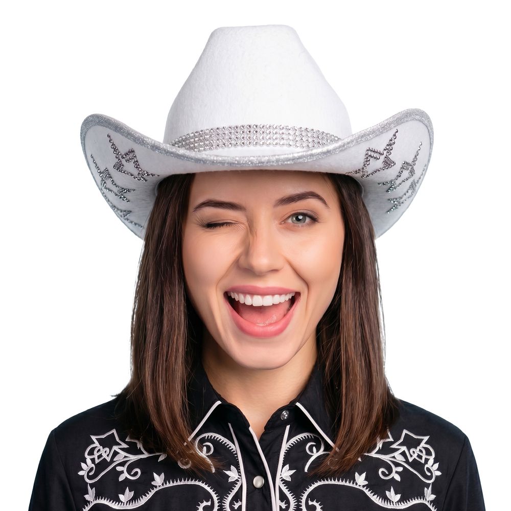 Cowboyhat med strassstjerner Hvid