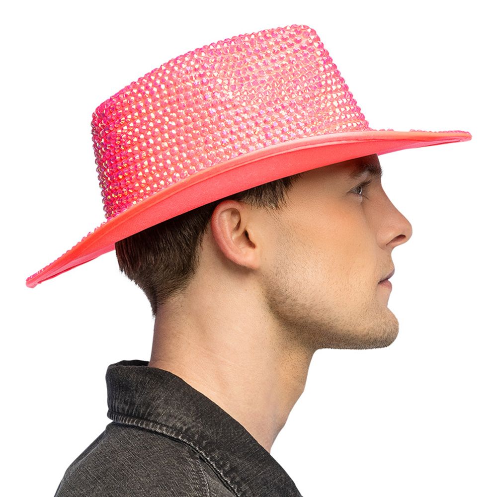 Cowboyhat med Strass UV Neonlyserød