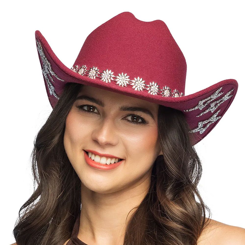 Cowboyhatt Vinrød med Blomster