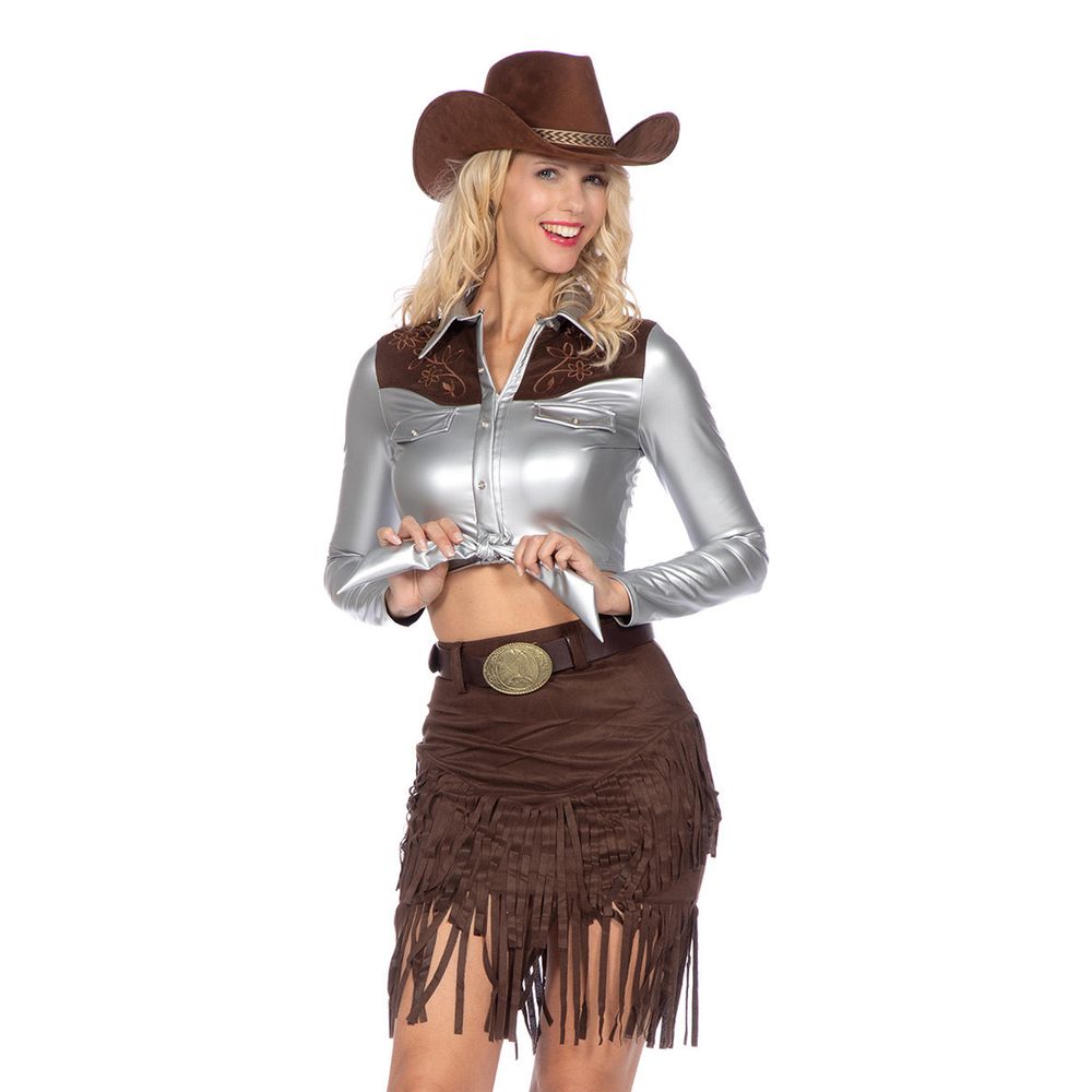 Cowgirl med Nederdel Sølv/Brun Deluxe Kostume