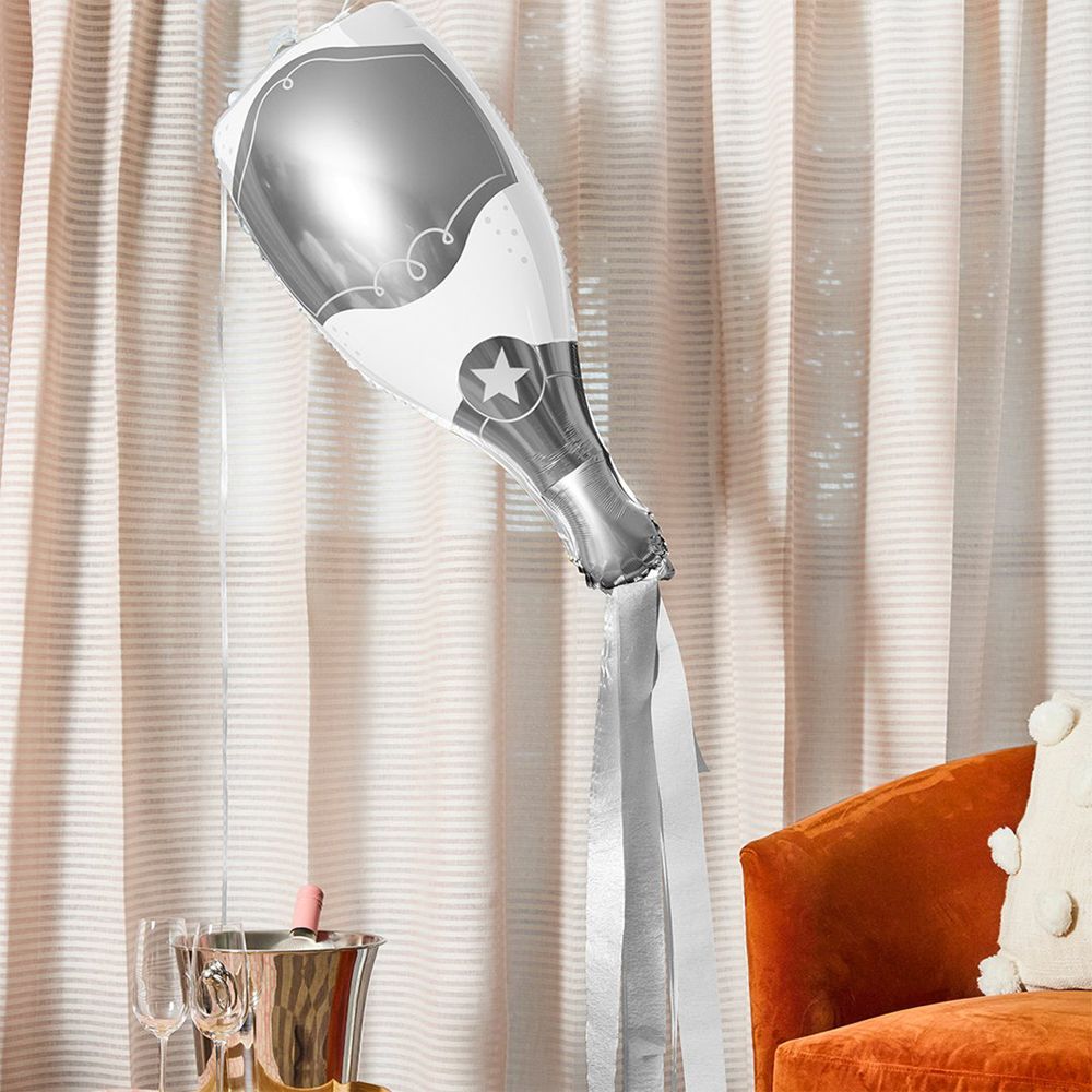 Folieballong Champagneflaska Silver med Streamers