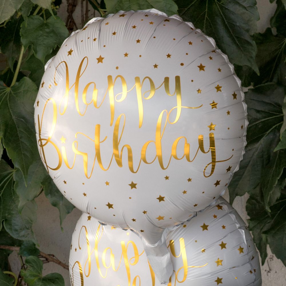 Folieballon Happy Birthday Hvid/Guld