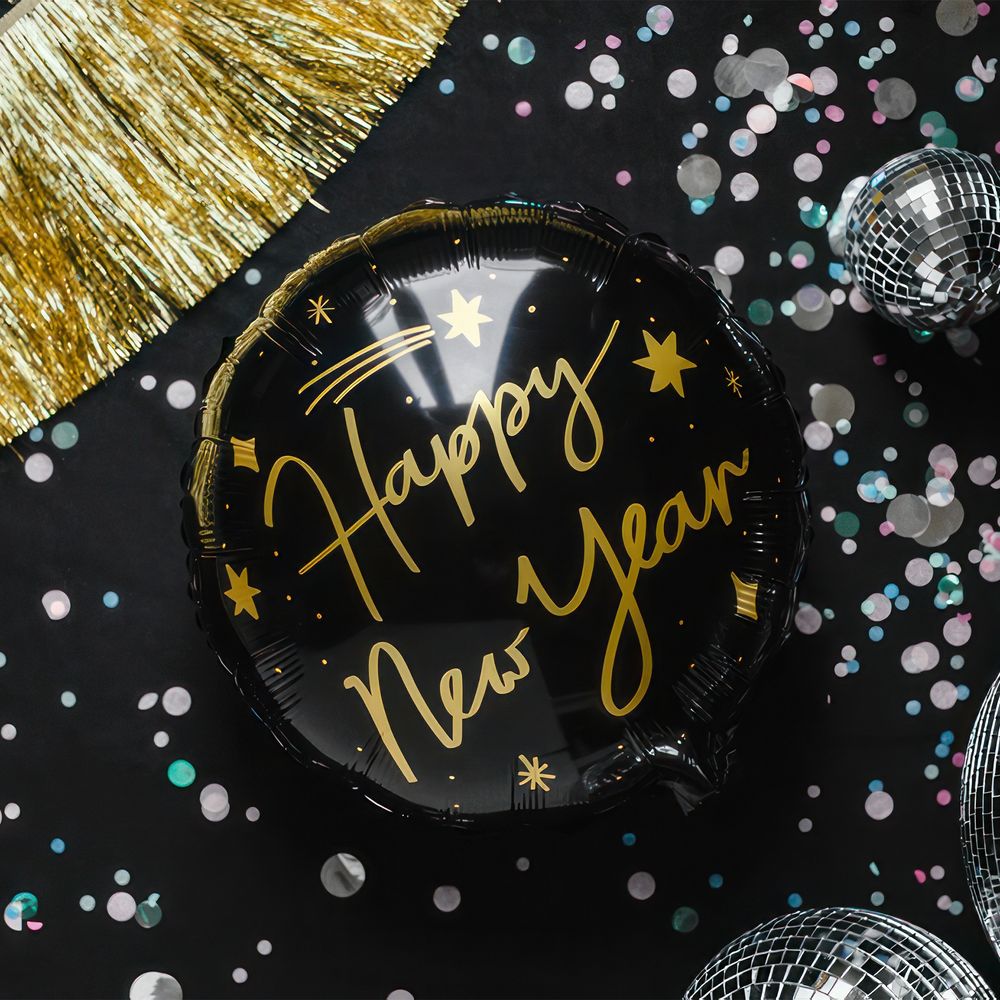 Folieballong Happy New Year Svart med Stjärnor