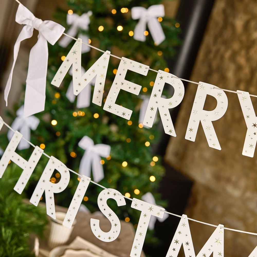 Merry Christmas Valkoinen Viirinauha Samettiruseteilla