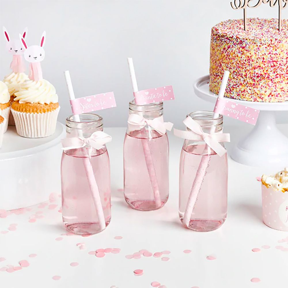 Lasipullo Baby Shower Vaaleanpunaisella Rusetilla