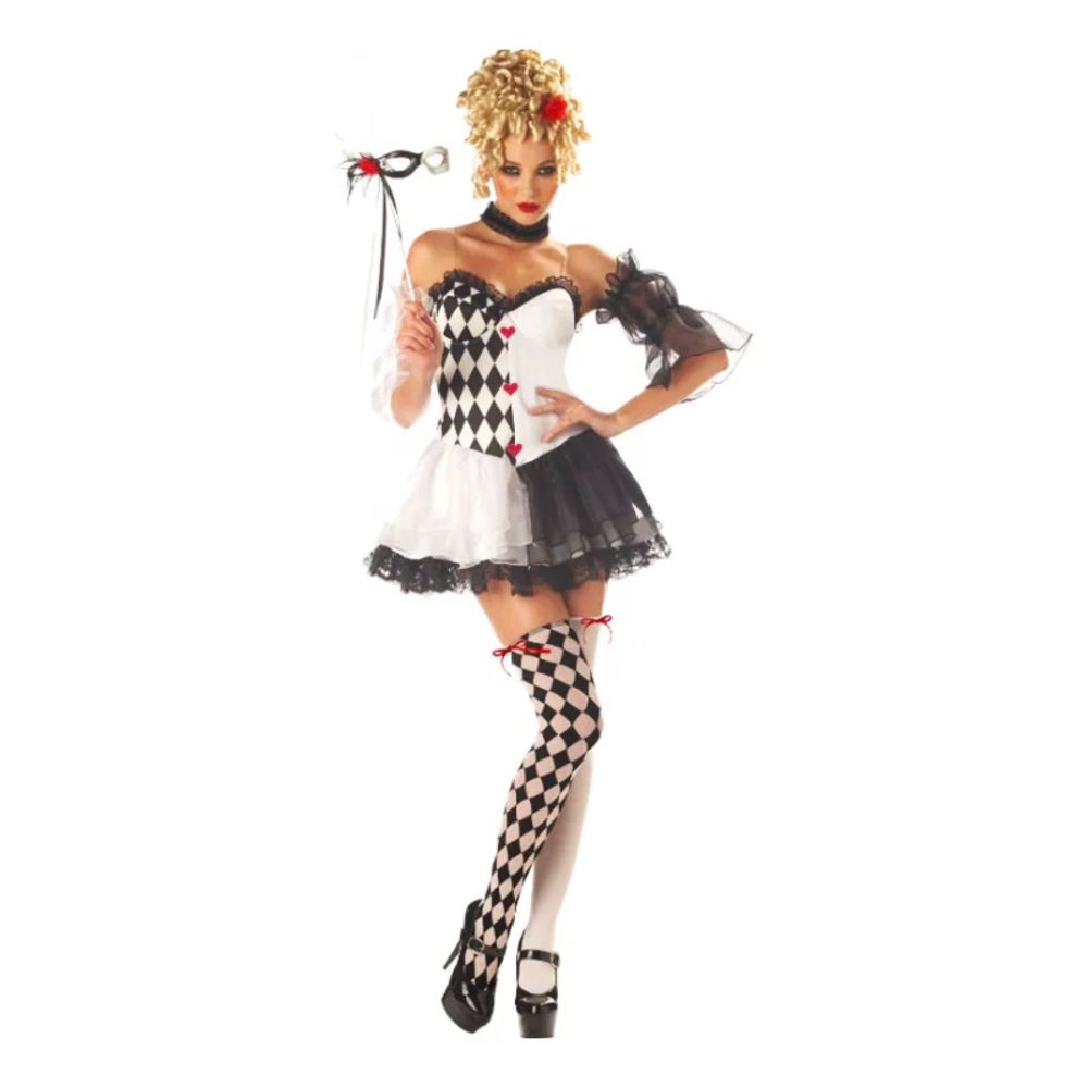 Harlequin Svart/Vit Clown Maskeraddräkt