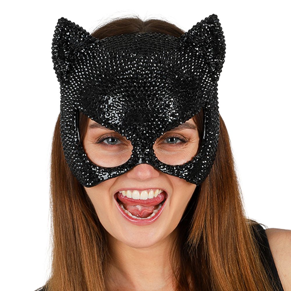 Katt Halvmask med Strass Svart