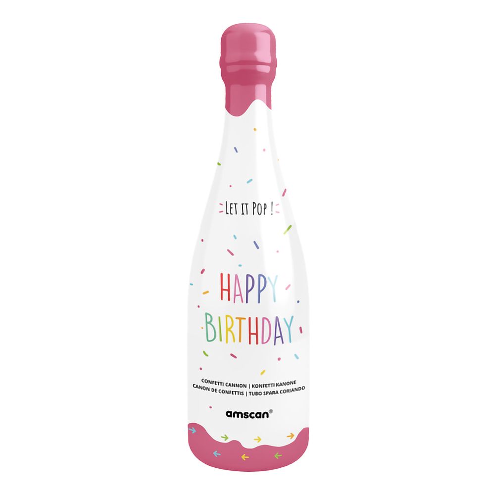 Konfettikanon Flaske Happy Birthday Lyserød