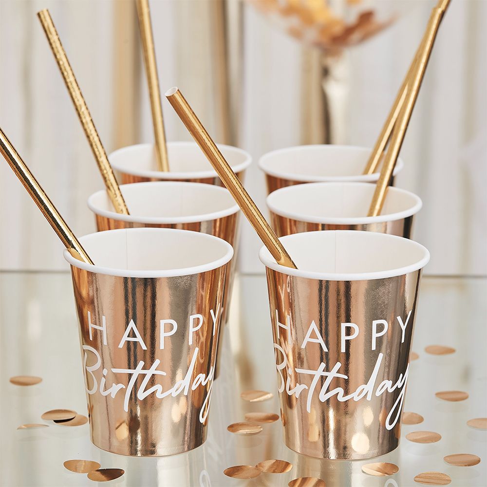 Pappersmuggar Happy Birthday Guld/Vit