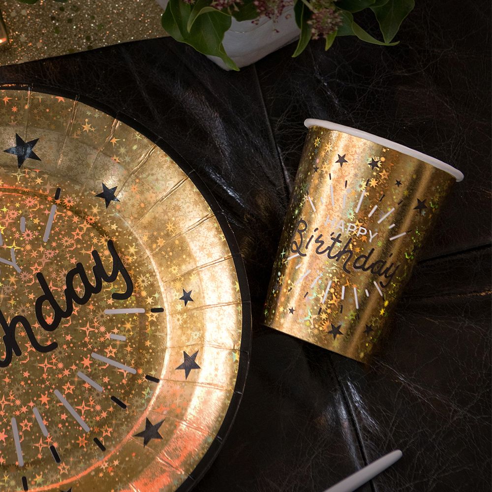 Pappersmuggar Sparkling Happy Birthday Guld
