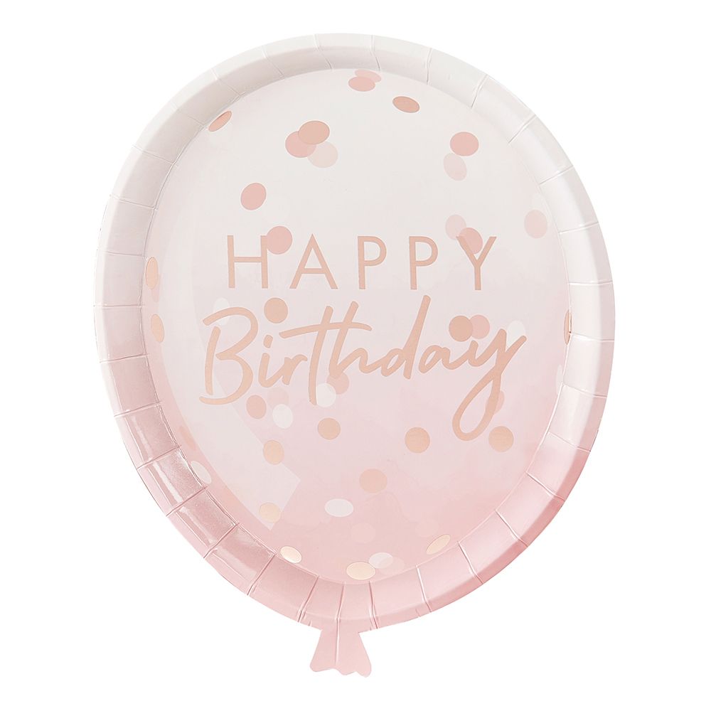 Pahvilautaset Ilmapallonmuotoiset Happy Birthday Roosa/Ruusukulta