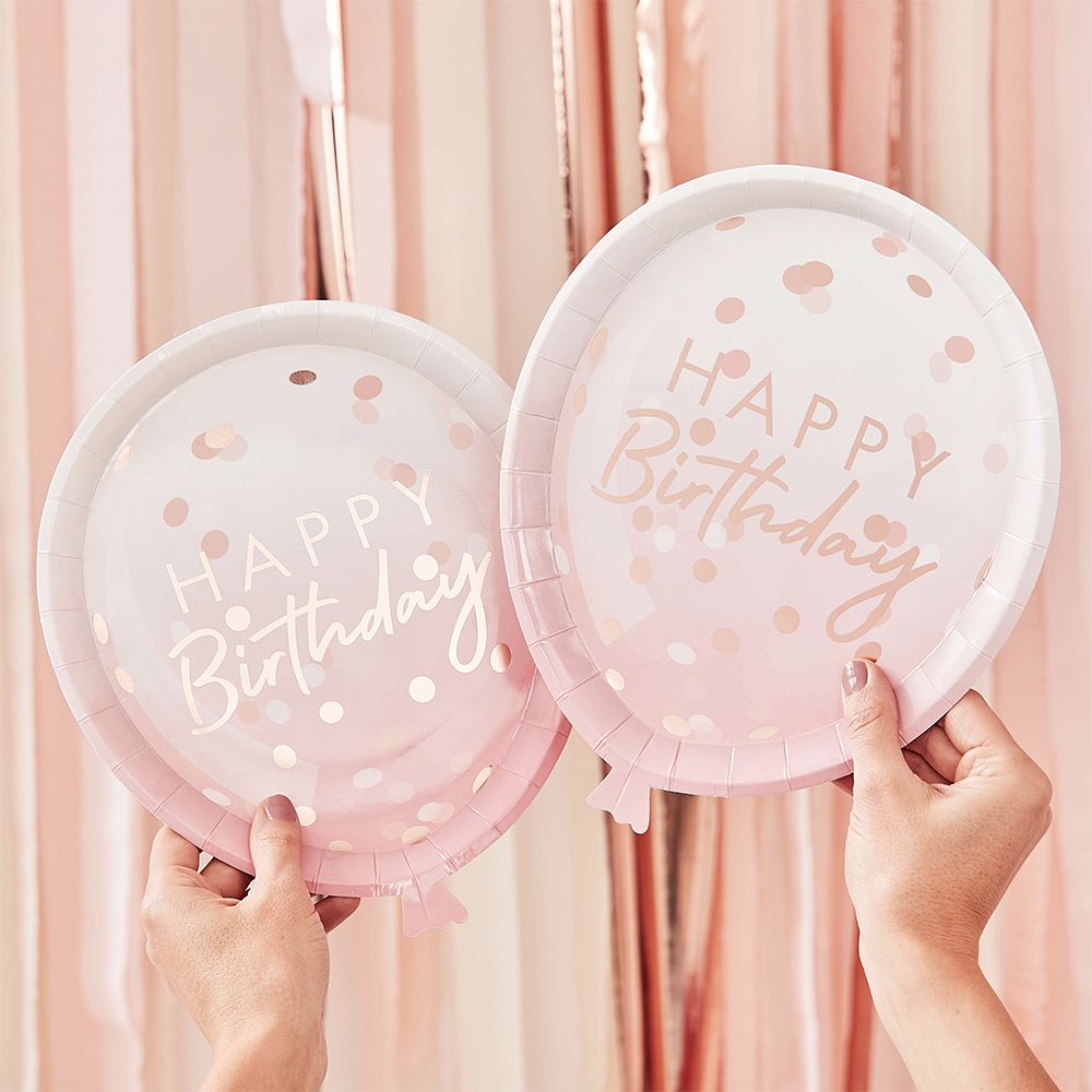 Pahvilautaset Ilmapallonmuotoiset Happy Birthday Roosa/Ruusukulta