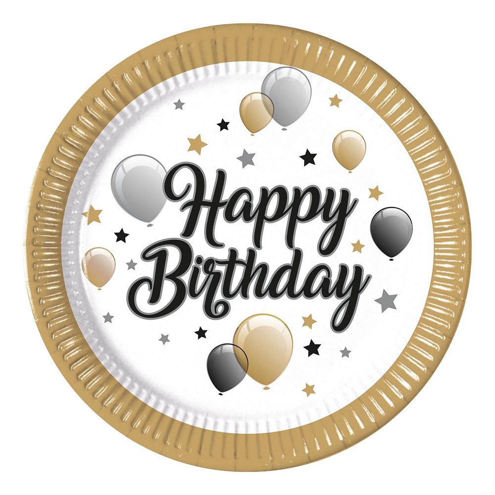Papperstallrikar Happy Birthday med Guldkant