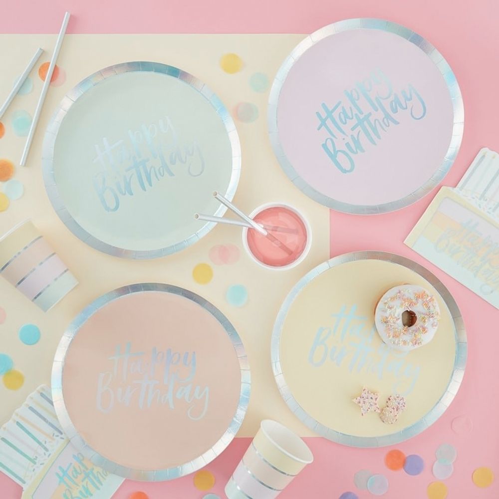 Papptallerken Happy Birthday Pastell