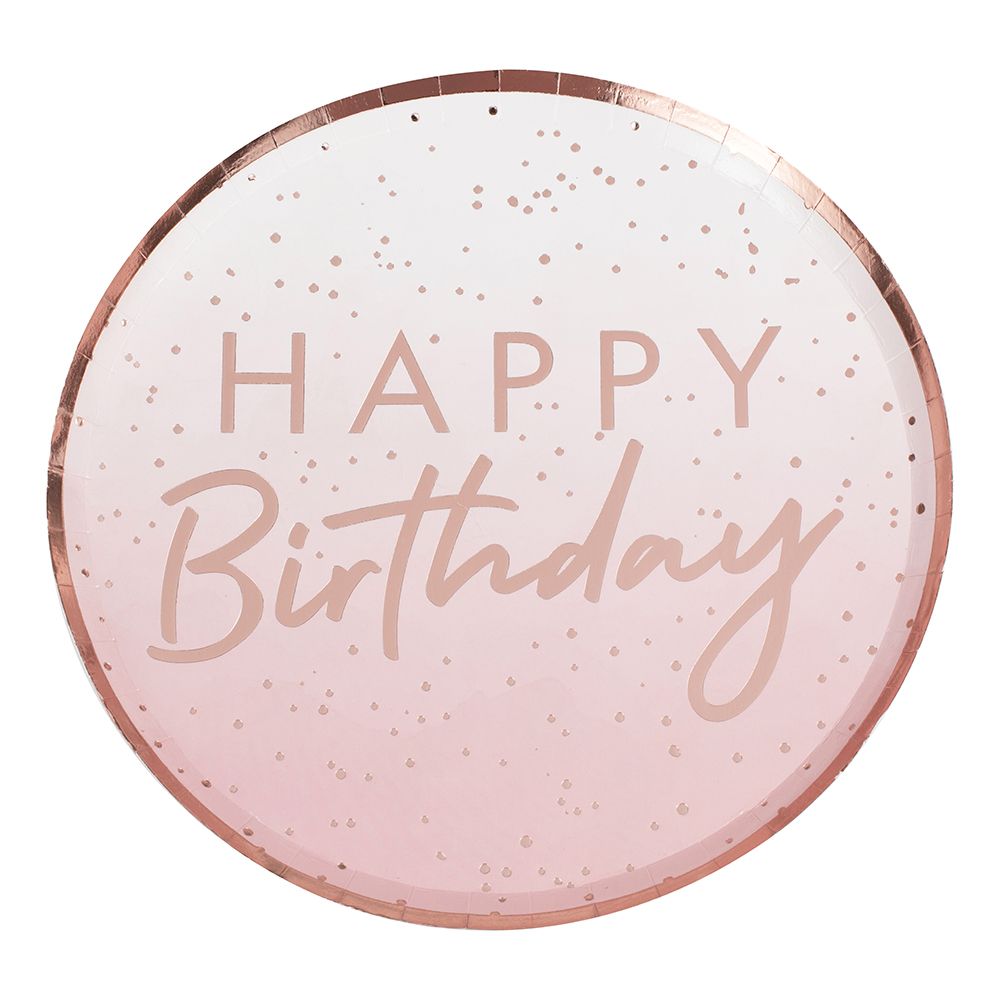 Papptallerkener Happy Birthday Rosa/Roségull