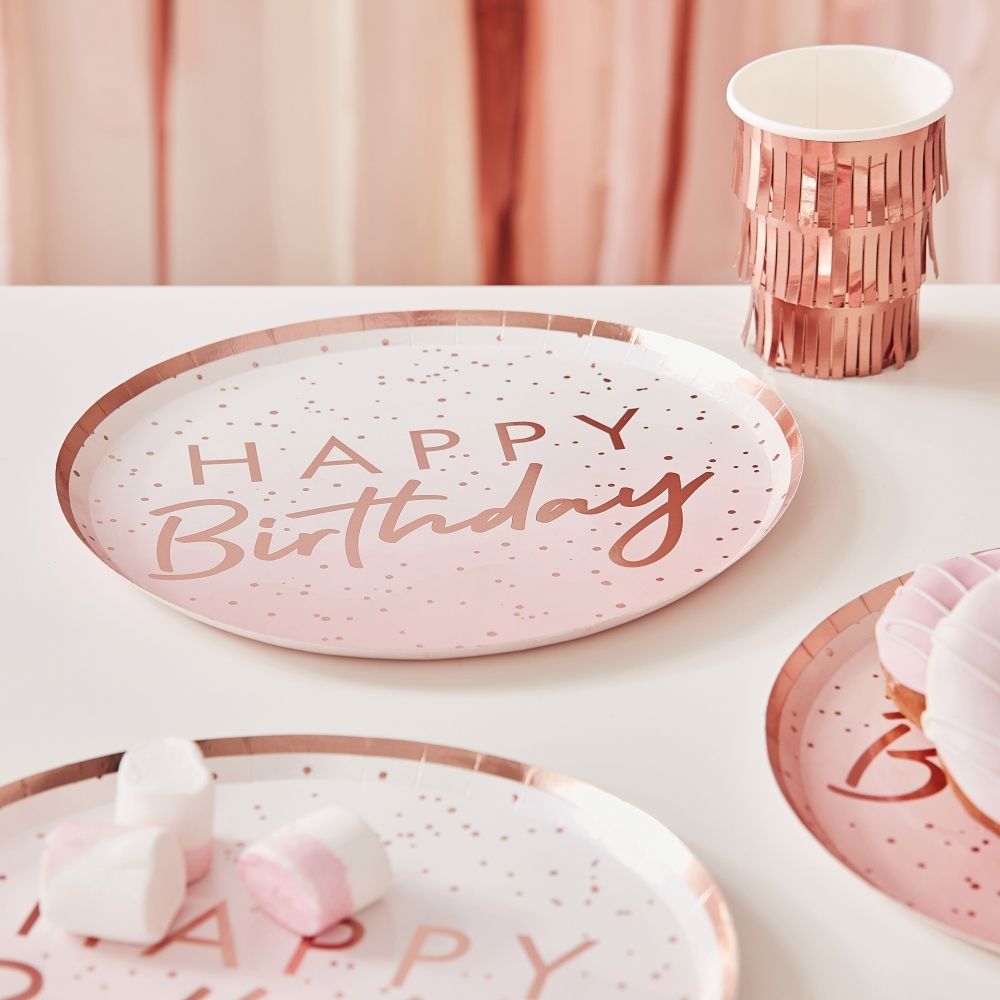Papptallerkener Happy Birthday Rosa/Roségull