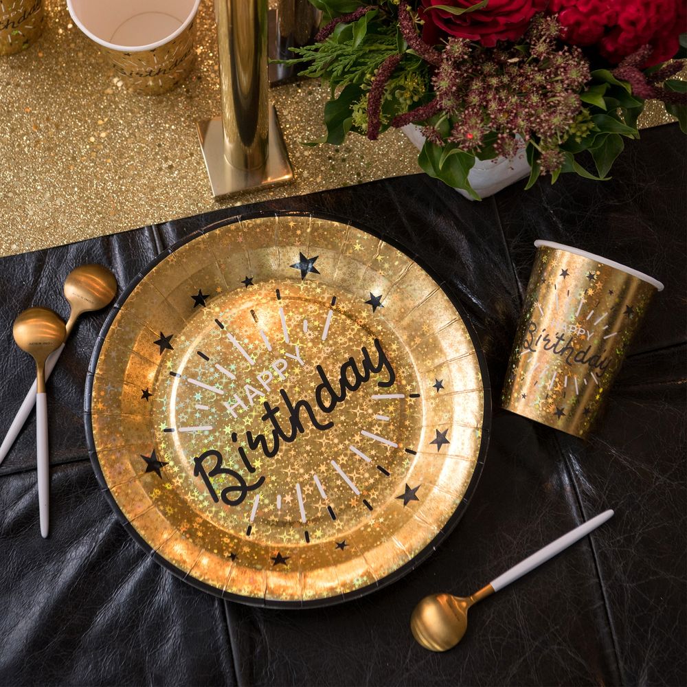Papptallerken Sparkling Happy Birthday Svart/Gull