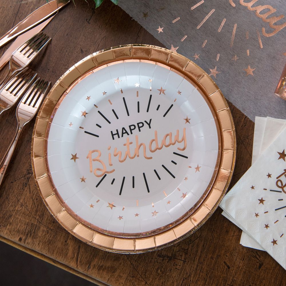 Papperstallrikar Sparkling Happy Birthday Vit/Roséguld