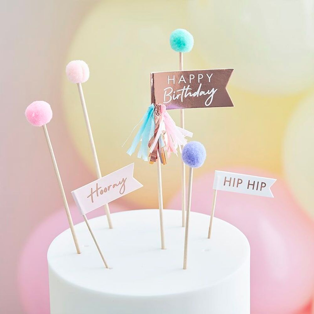 Pom Poms Happy Birthday Tårtdekoration