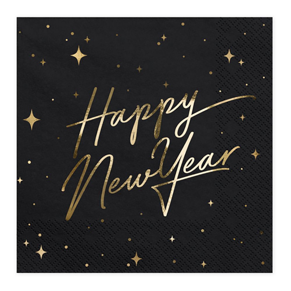 Servetter Happy New Year Guld Metallic/Svart