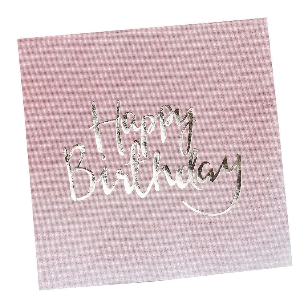 Servietter Rosa/Gull metallic Happy Birthday