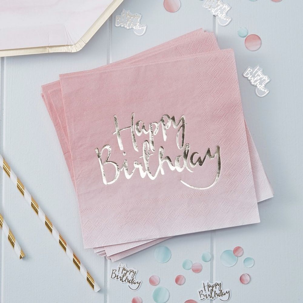 Servietter Rosa/Gull metallic Happy Birthday