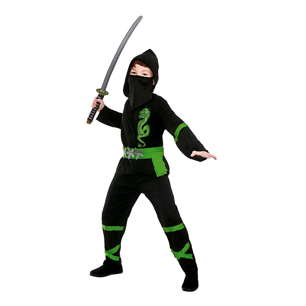 Svart/Grønn Power Ninja Barn Kostyme