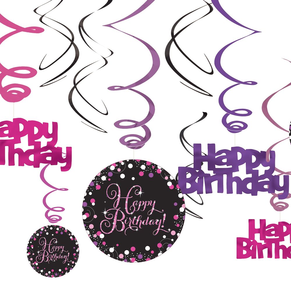 Swirls Happy Birthday Sort/Lyserød Glitter