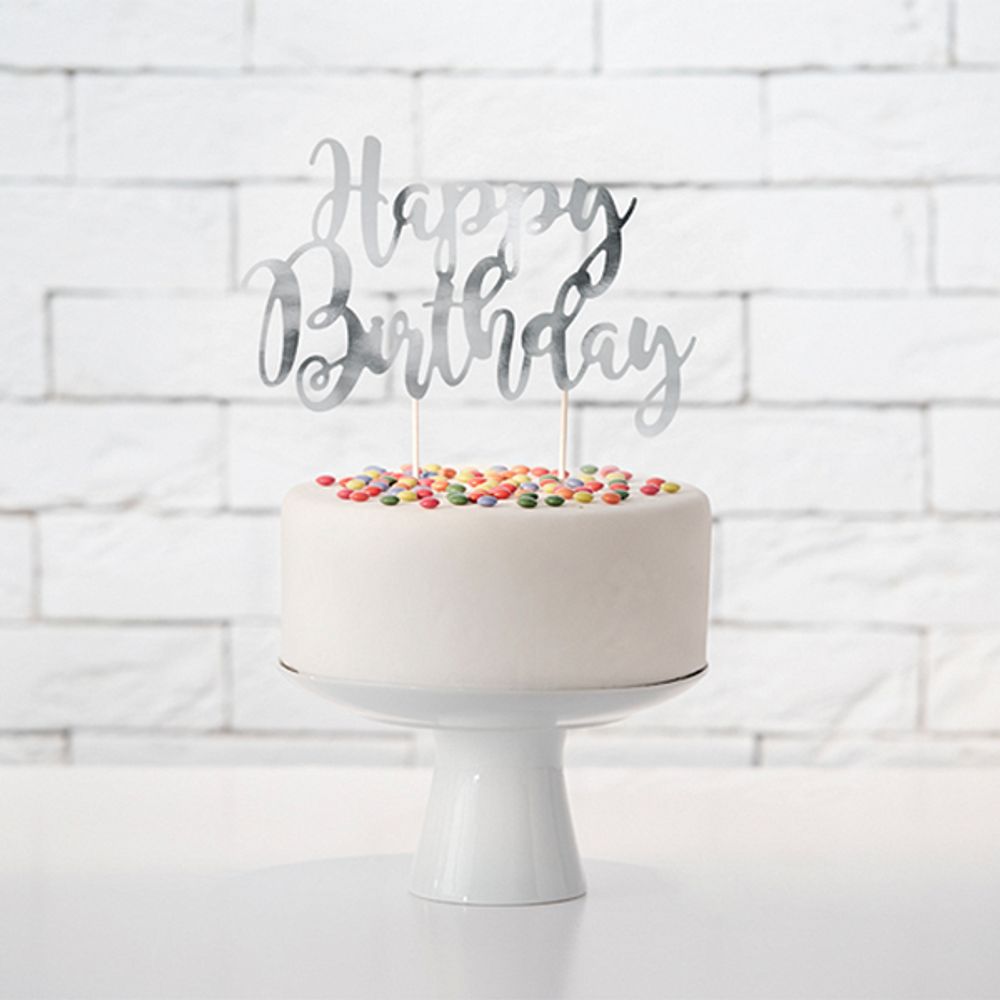 Tårtdekoration Happy Birthday Silver