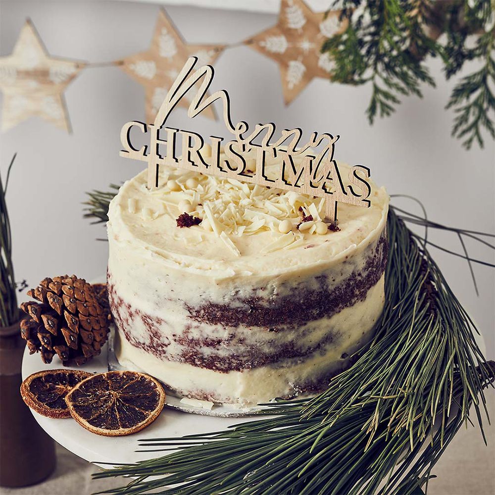 Kagepynt i Træ Merry Christmas