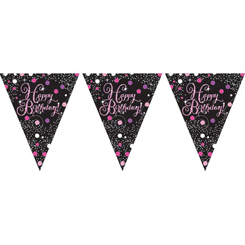 Vimpelguirlande Happy Birthday Sort/Lyserød Glitter