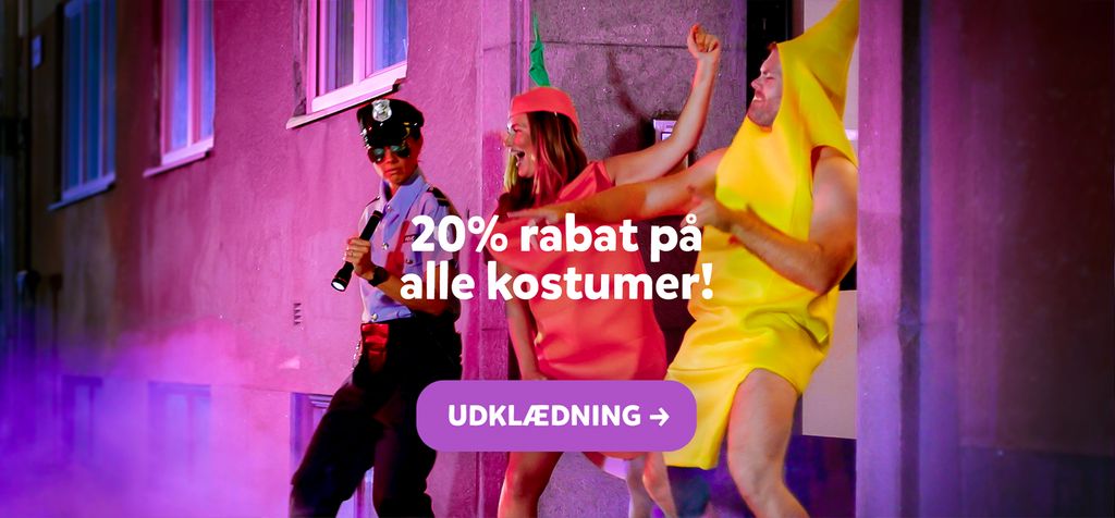 20% rabat på alle kostumer, Karnevaln, Sidste skoledag kostumer, udklædning, udklædningskostumer